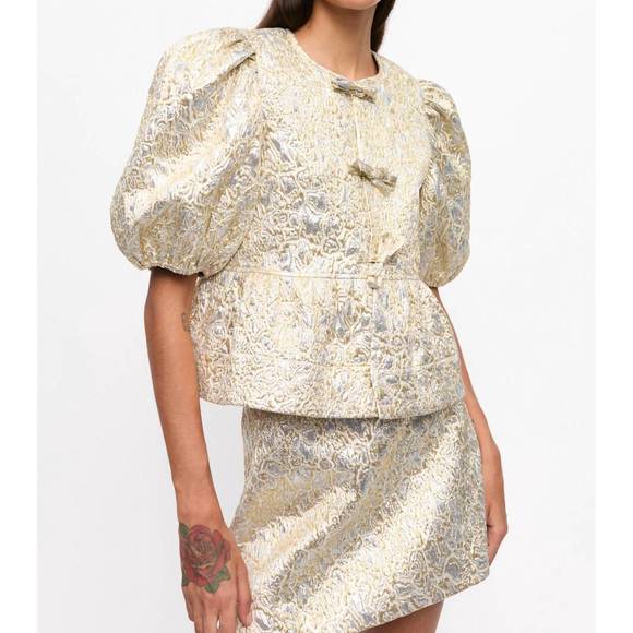 NEW GANNI metallic peplum tie string blouse in gold/ silver - Picture 1 of 6